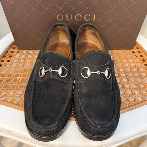 Gucci Mens Black Suede Silver Bit Lug Sole 8.5 D Loafer With Gucci Box - Picture 9 of 15